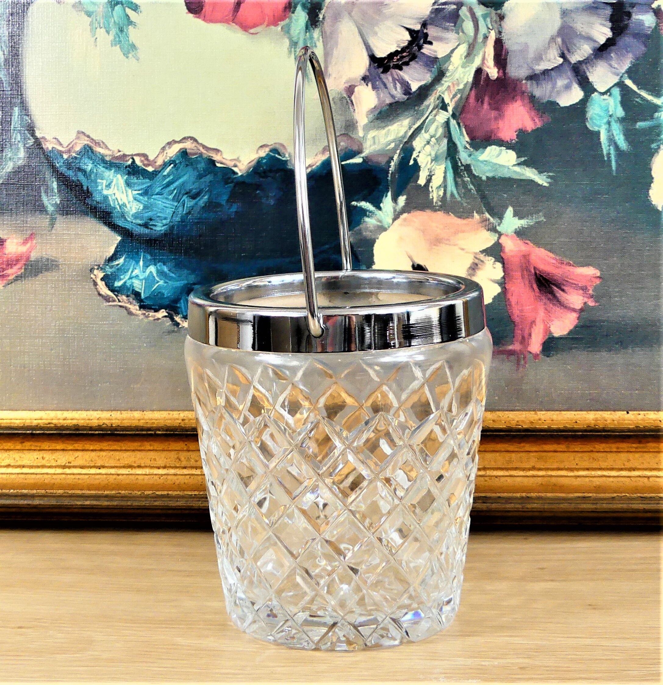 Crystal and metal ice cube bucket - vintage 50s