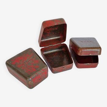 Set of three red painted metal railway boxes with SNCF logo