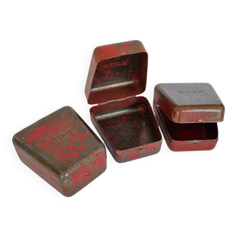Set of three red painted metal railway boxes with SNCF logo