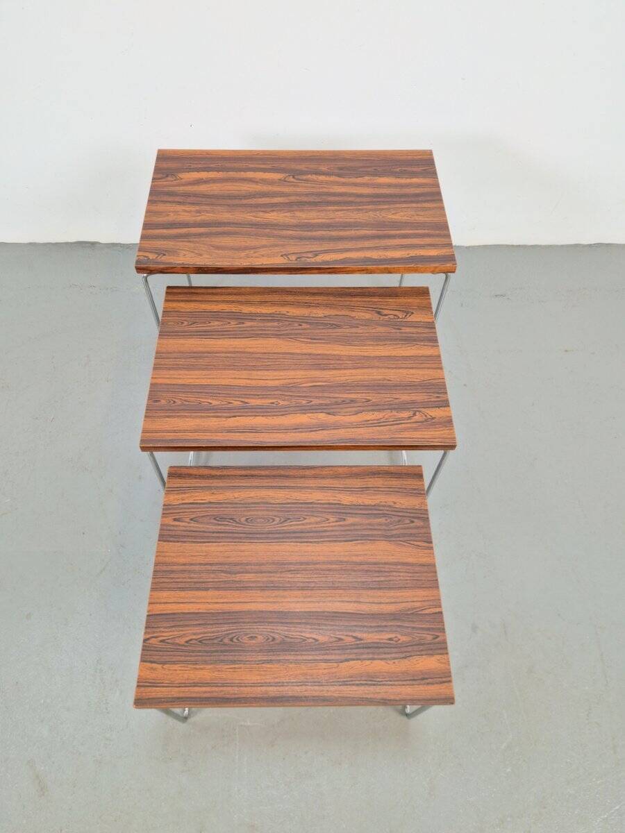 Tables gigognes en chrome et bois de Brabantia, années 1970, ensemble de 3