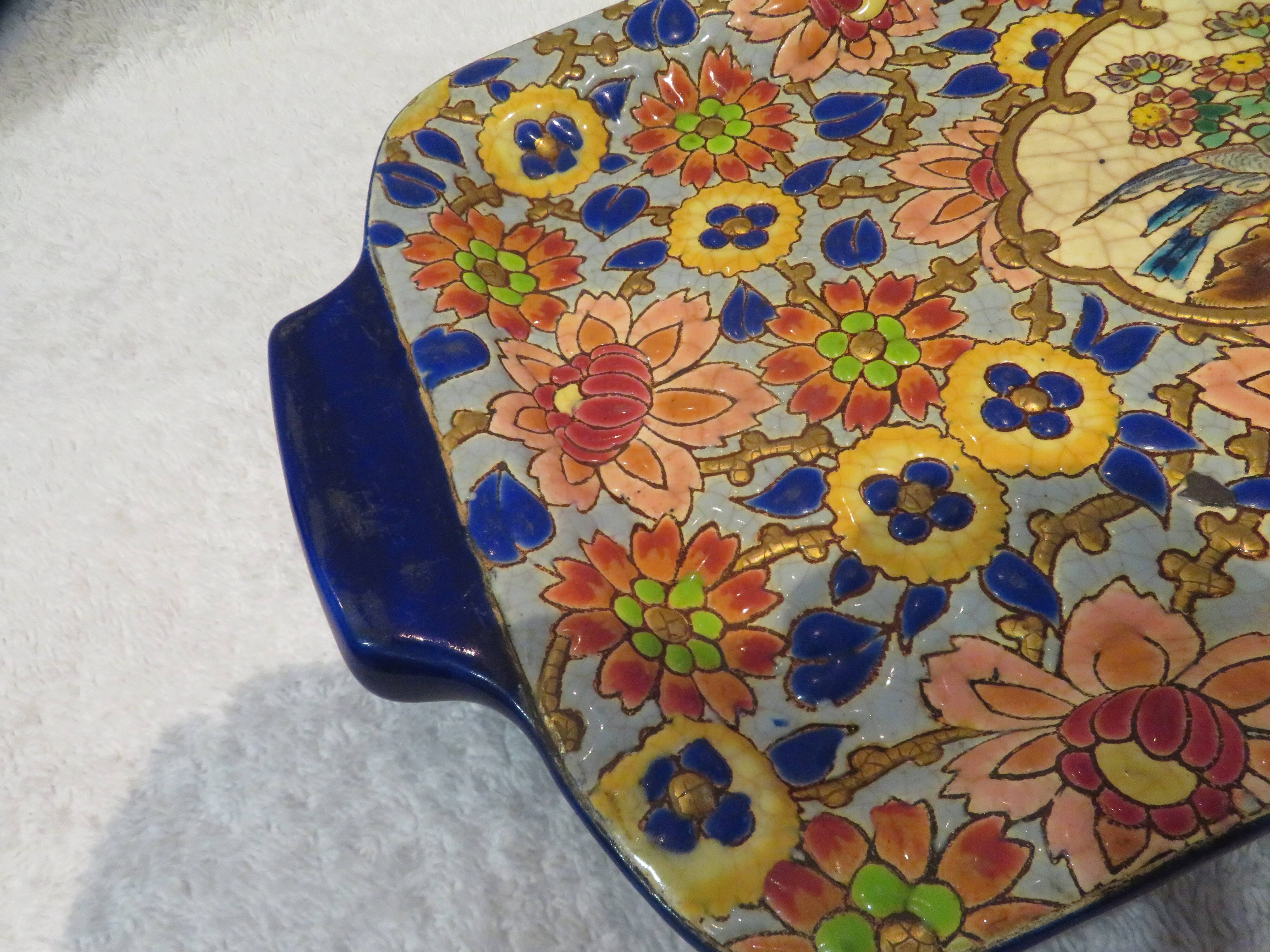 Plat à cake émaux de longwy style art deco décor oiseaux fond bleu clair