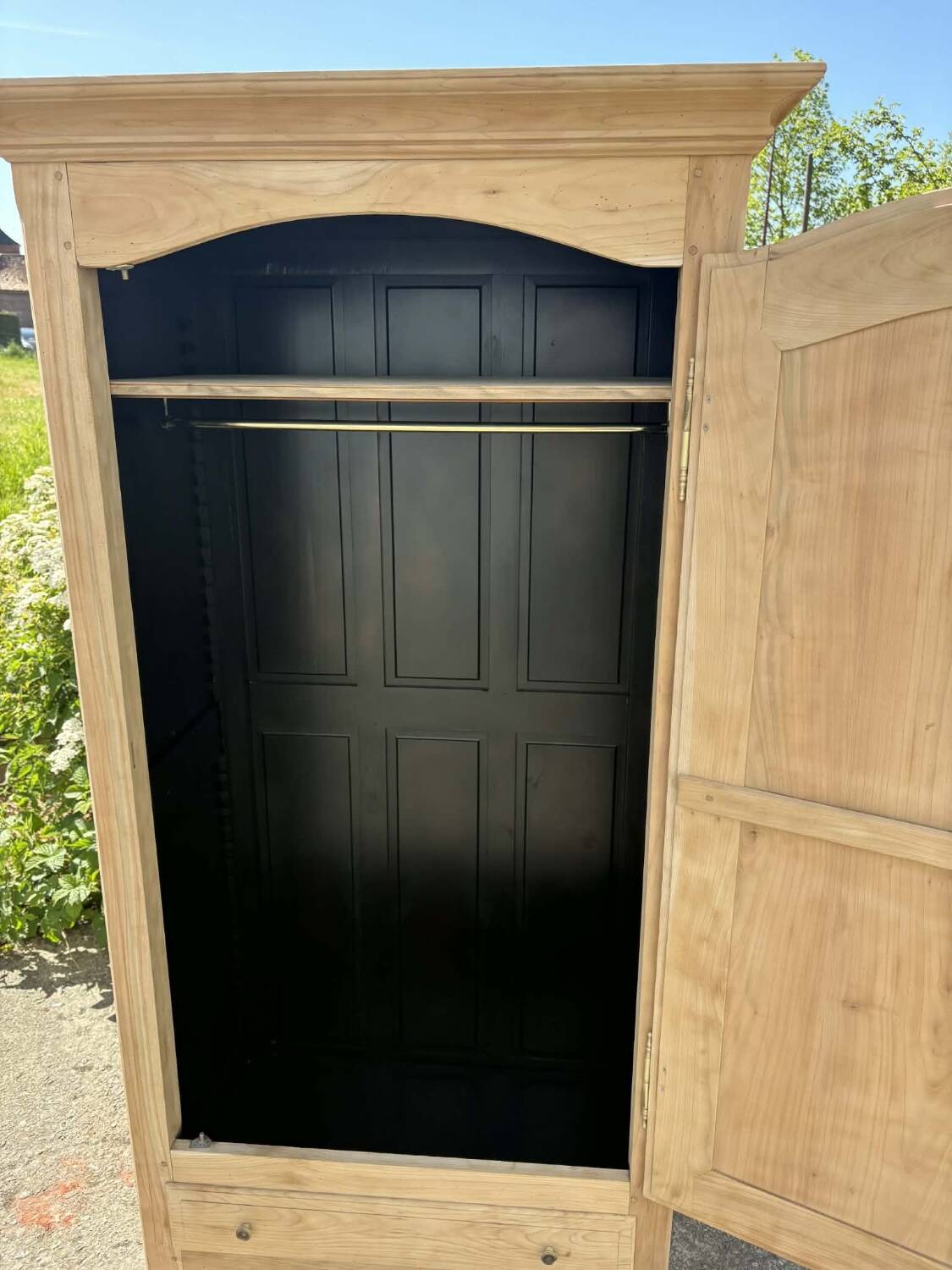 Wooden bonnetière, wardrobe/cupboard in raw wood.