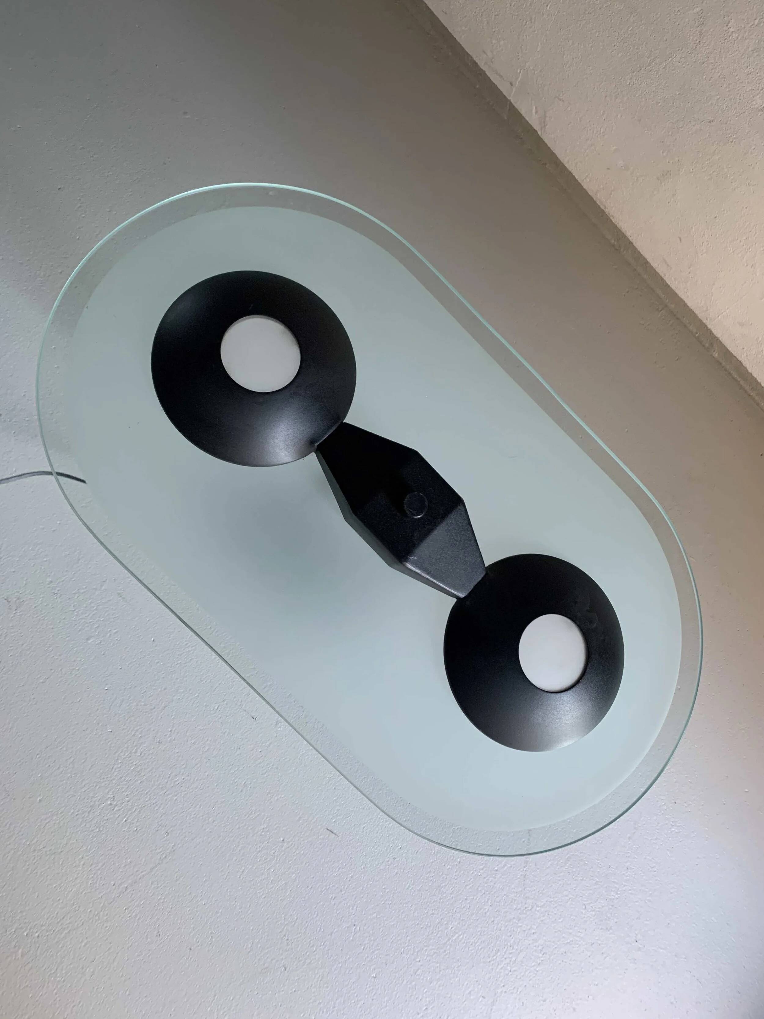 Postmodern black metal glass ceiling lamp | 1990s