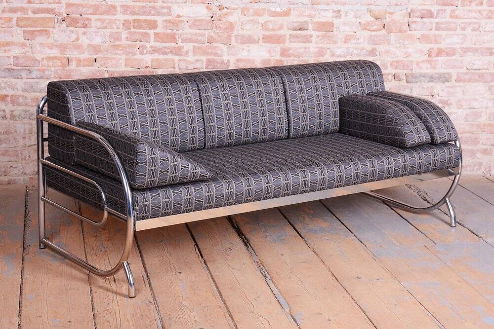 Bauhaus Sofa in Chrome and Fabric from Robert Slezak, Czech, 1930s