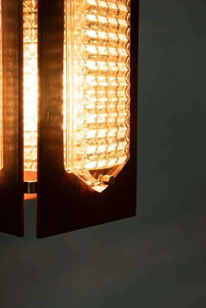 Vintage wooden and glass suspension Flygsfors Facette, glass lamp.