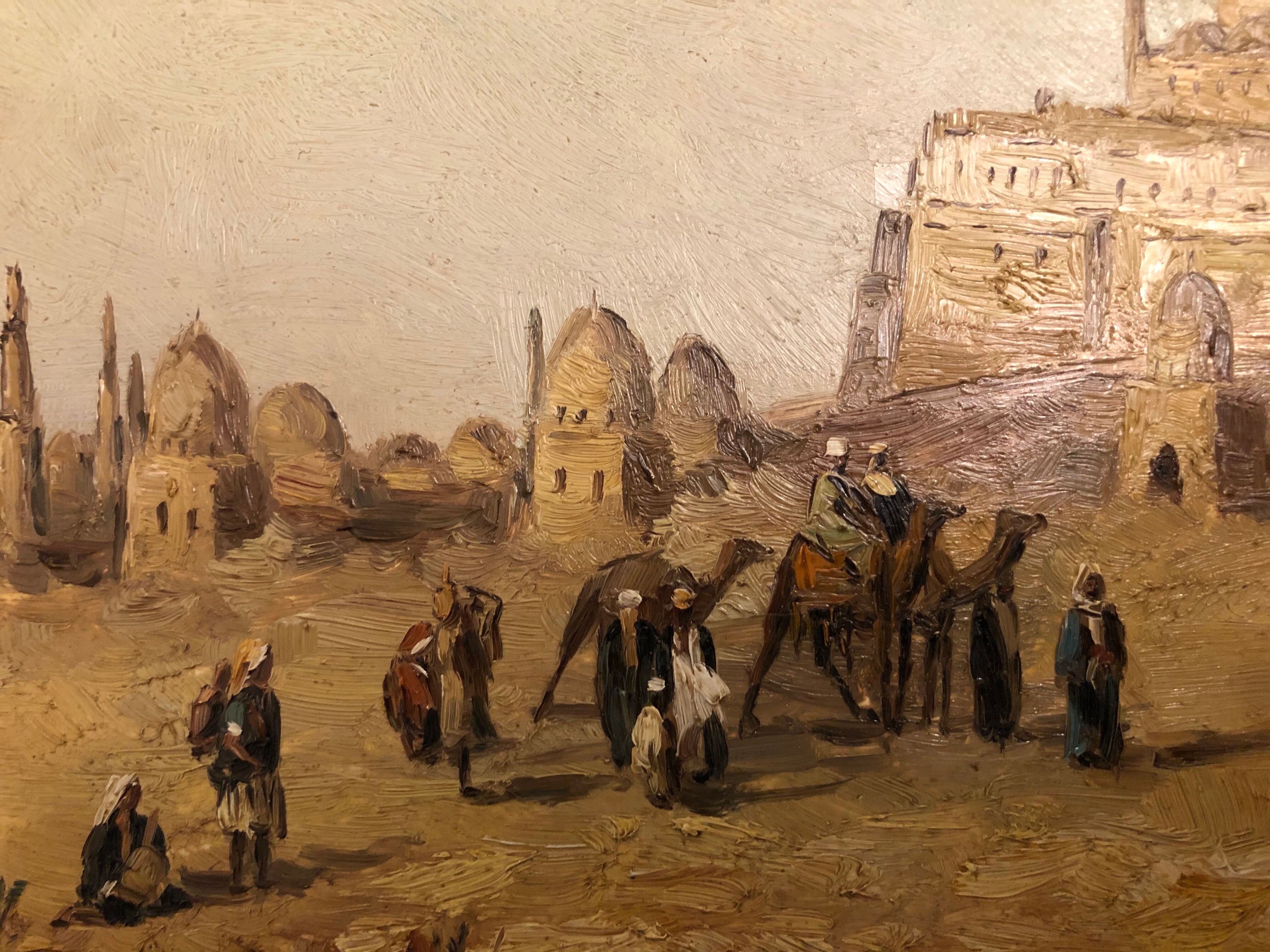 Oil on orientalist canvas camel market scene
