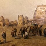 Oil on orientalist canvas camel market scene