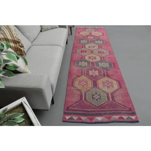 Vintage Turkish Hand-Knotted Wool Cotton Pink Runner Rug 94x329