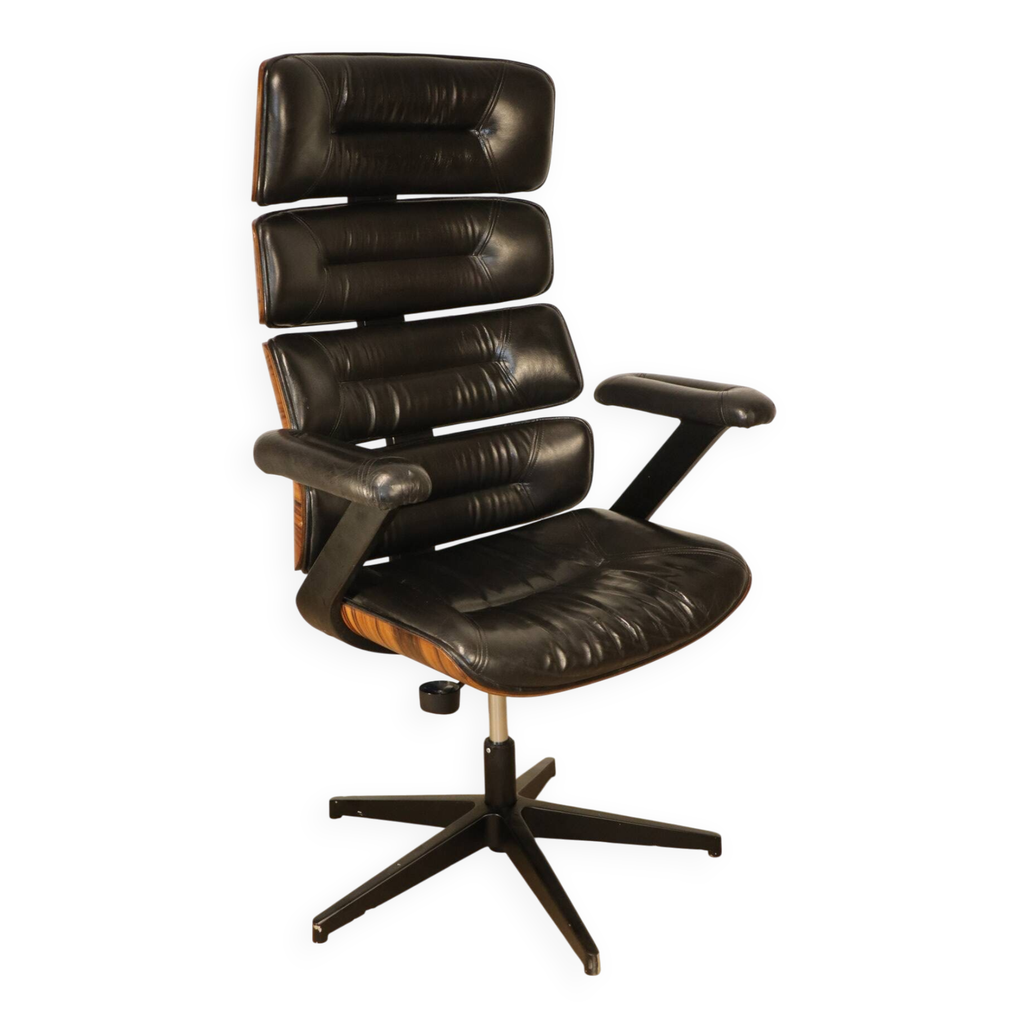 Fauteuil de bureau vintage en skaï et bois - 1970
