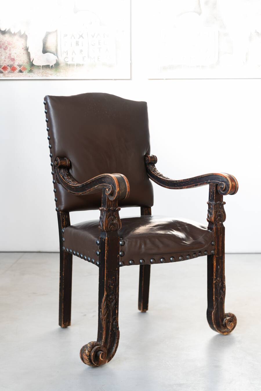 19th century beechwood, metal, and leather throne