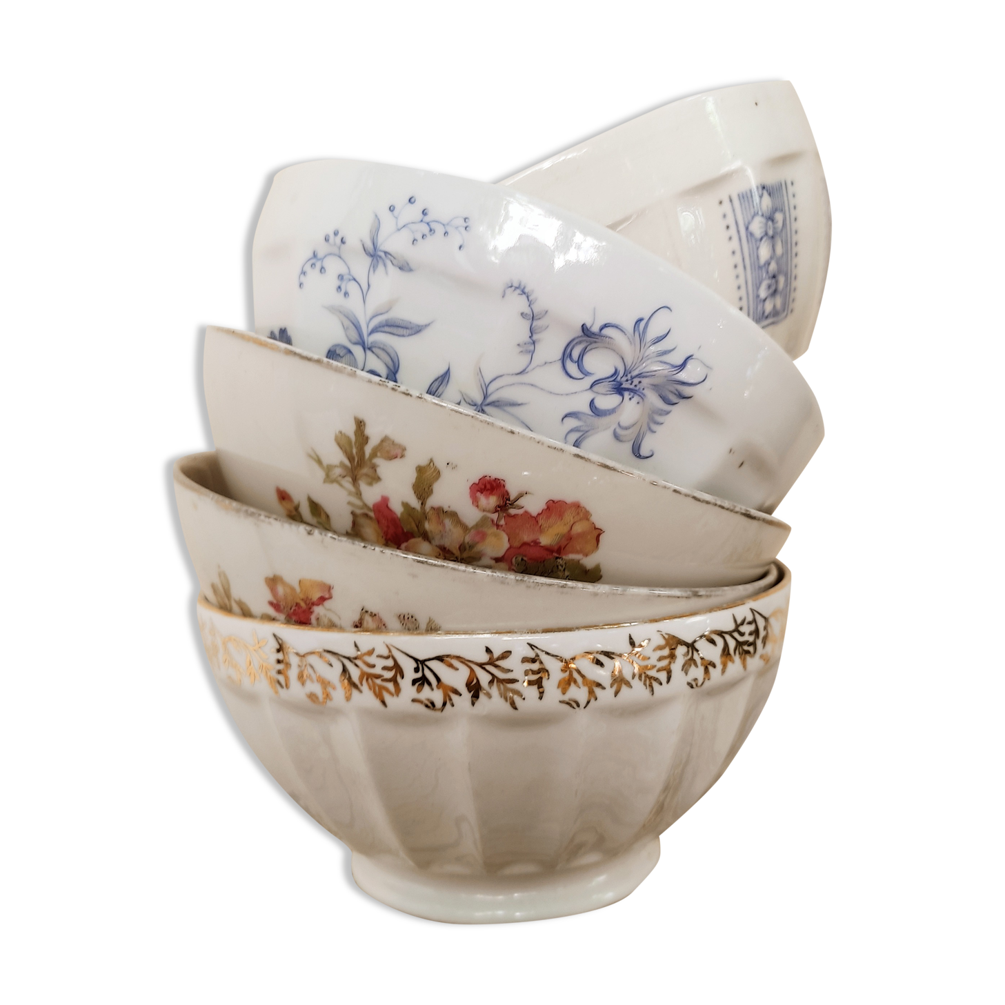 5 mismatched old bowls