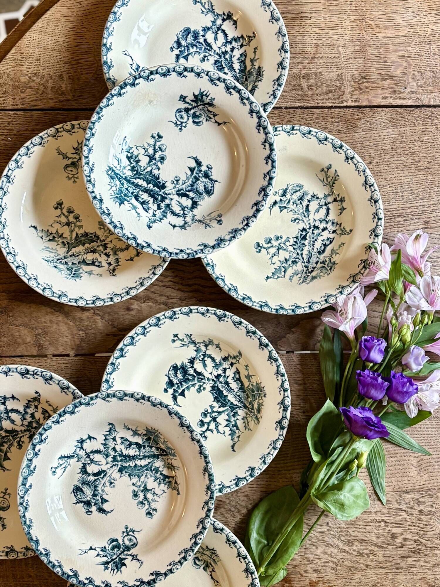 Set of 8 antique deep plates in ironstone, Chardons de Gien