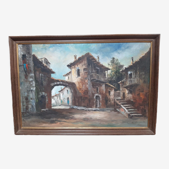 Antique Spanish Painting Oil on Canvas, “Spanish Village”, Mid-20th Century