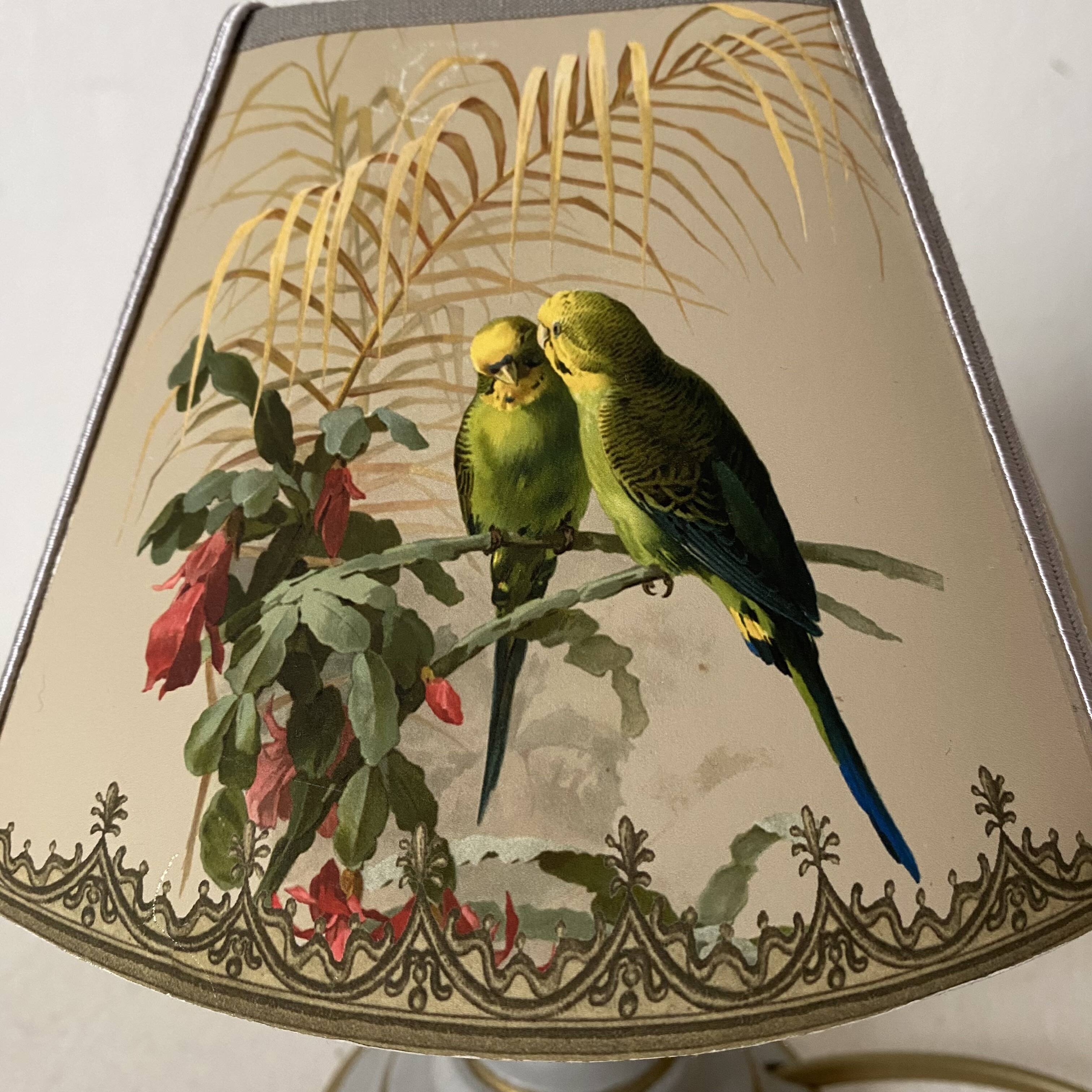 Vintage lamp, Tillier parakeets and sparrows lampshade