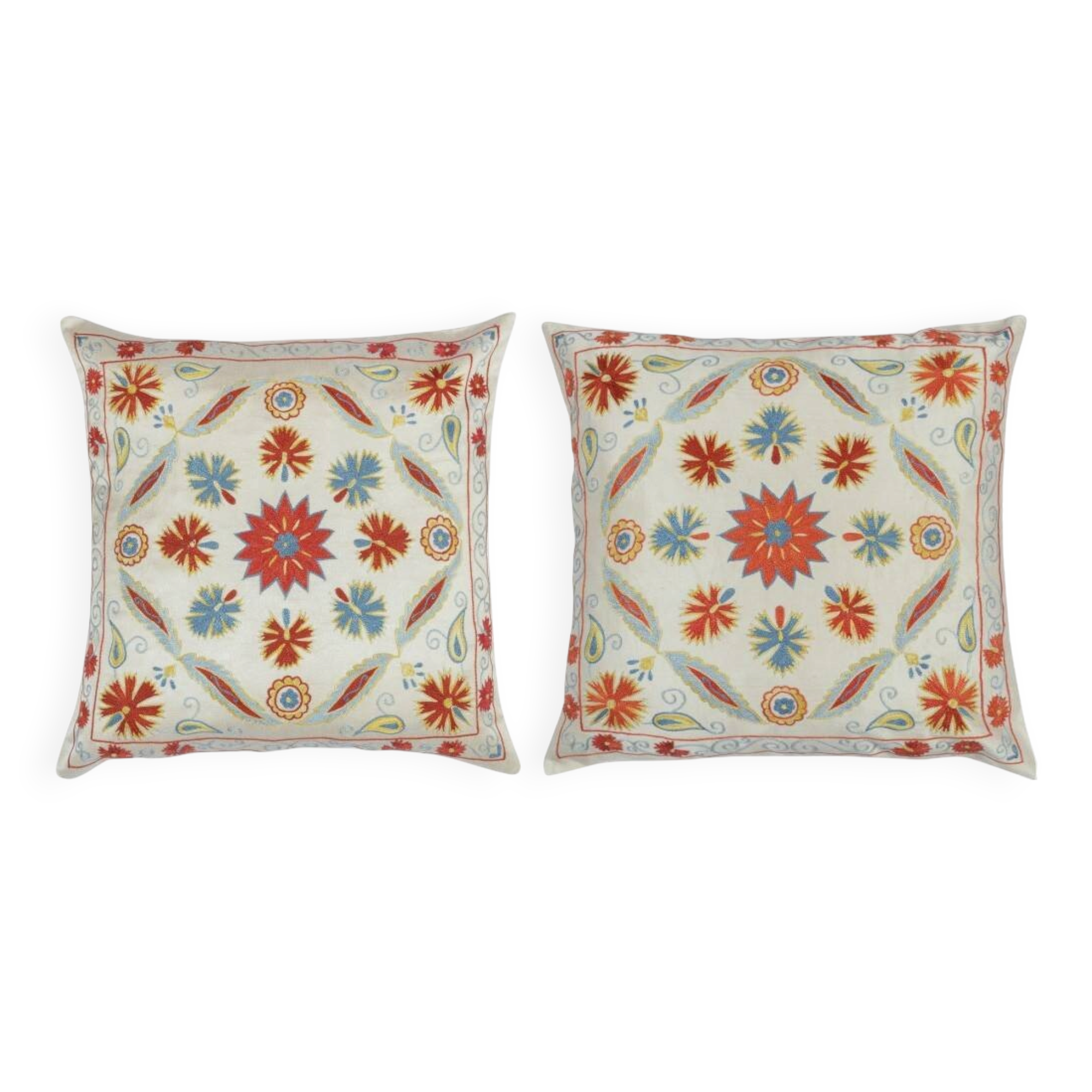 SET OF 2 - 100% Silk Cushion Covers. Embroidered Accent Pillows. Suzani Throw Pillows