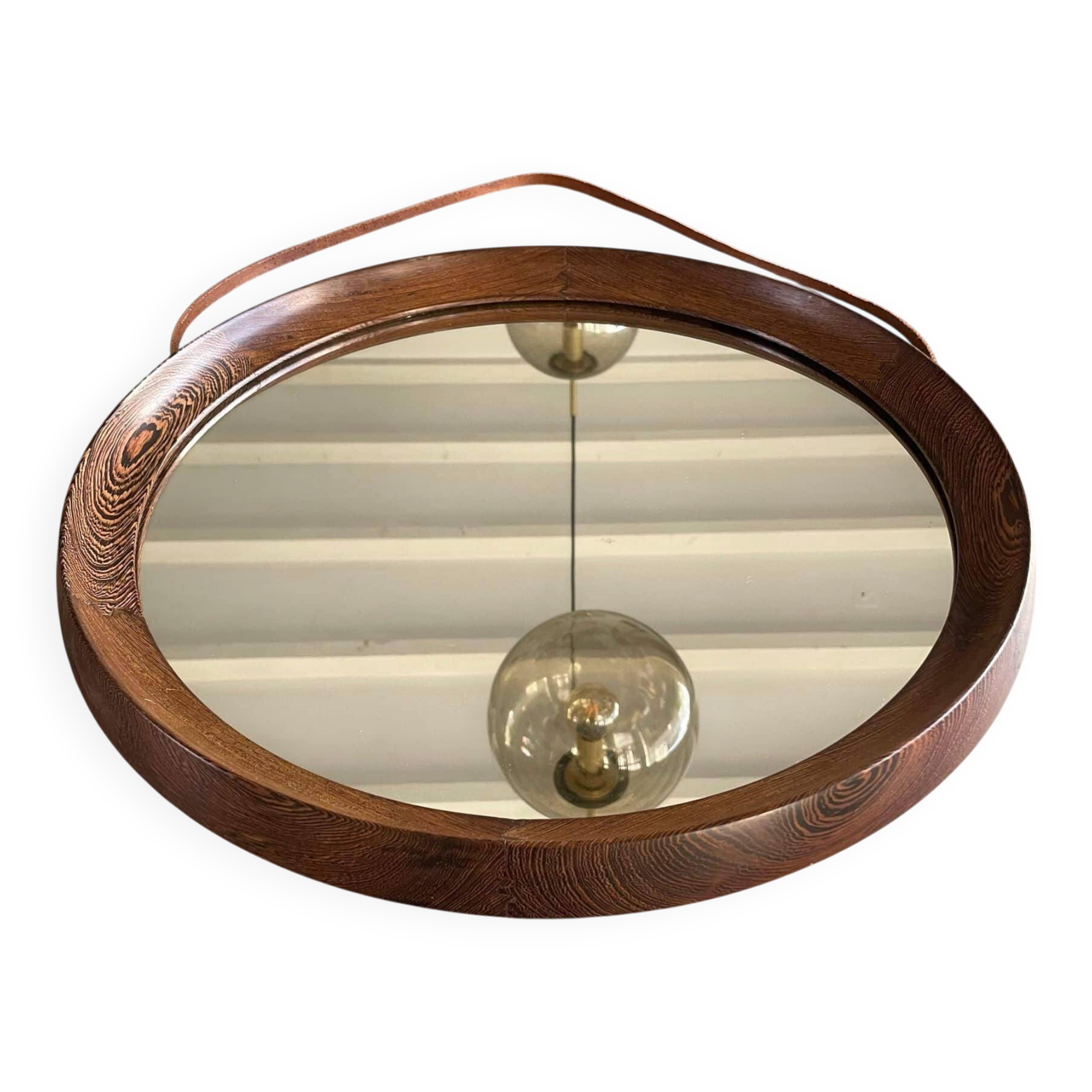Miroir rond en bois de wengé massif, O.W. Hack Zwolle, Pays-Bas, années 1960