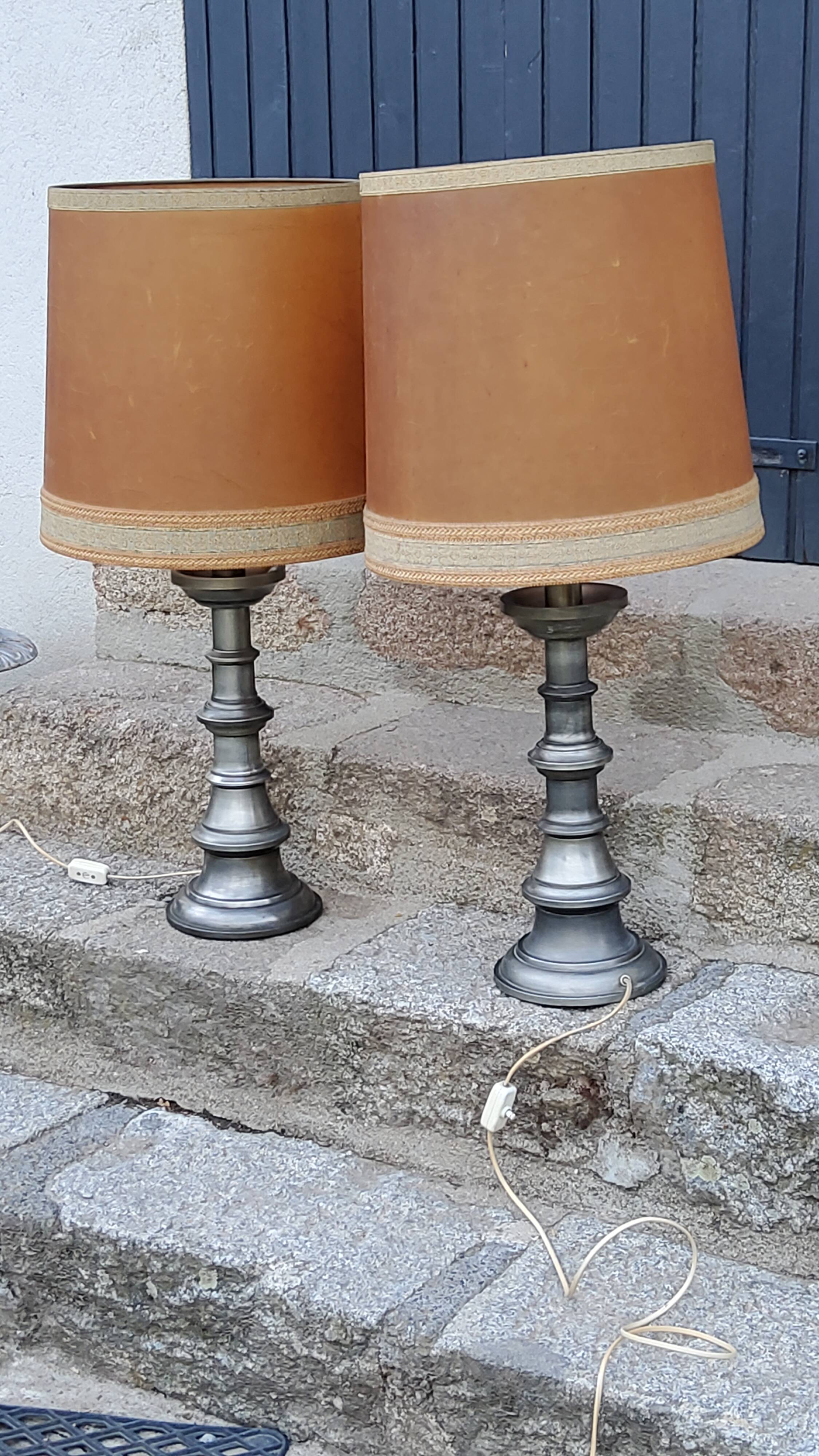 Pair of 70s Kaiser Leuchten lamps in brushed metal with original shades