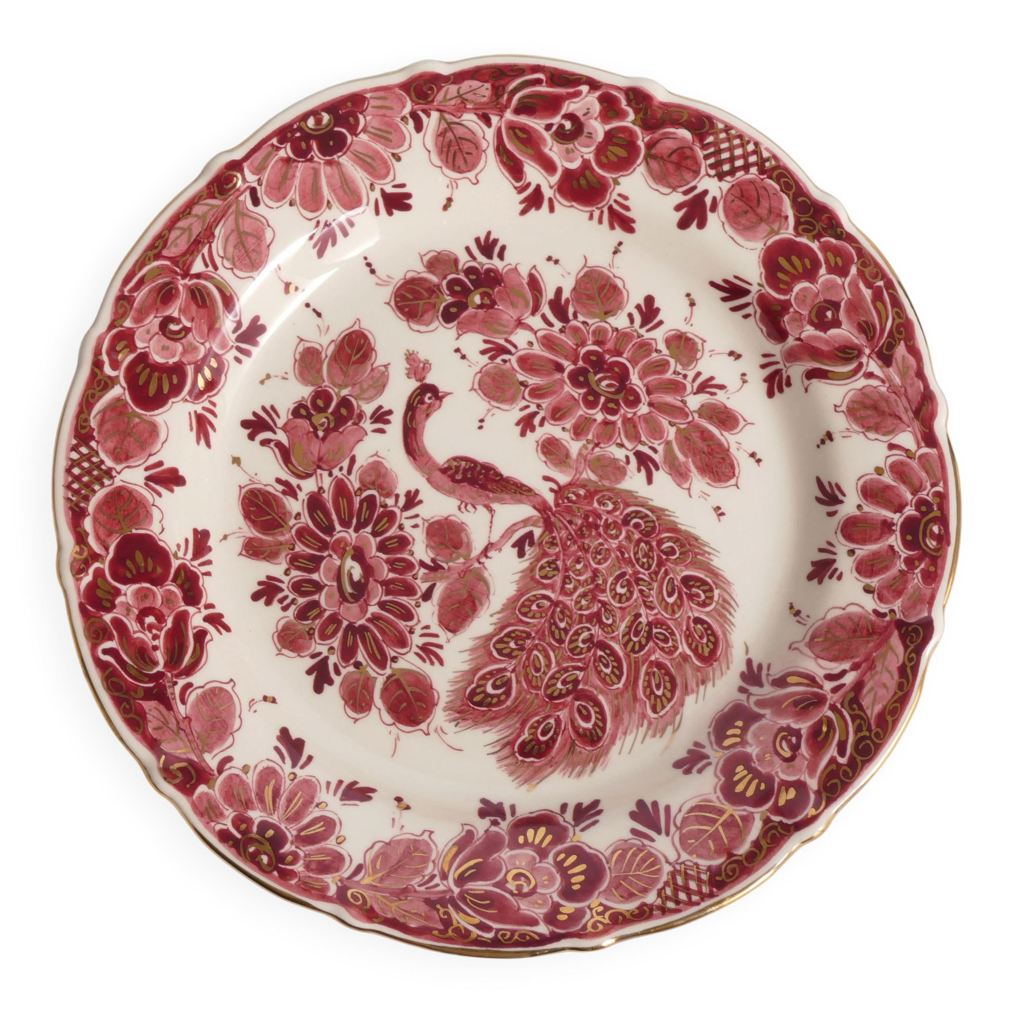 Regina Gouda Delft Hand-Painted Plate Red Peacock & Floral Motif Holland, 1950s