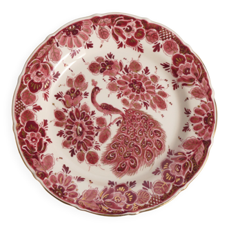 Regina Gouda Delft Hand-Painted Plate Red Peacock & Floral Motif Holland, 1950s