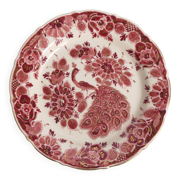 Regina Gouda Delft Hand-Painted Plate Red Peacock & Floral Motif Holland, 1950s