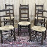 Series of 6 brutalist chairs from the 1950s - oak and straw seat