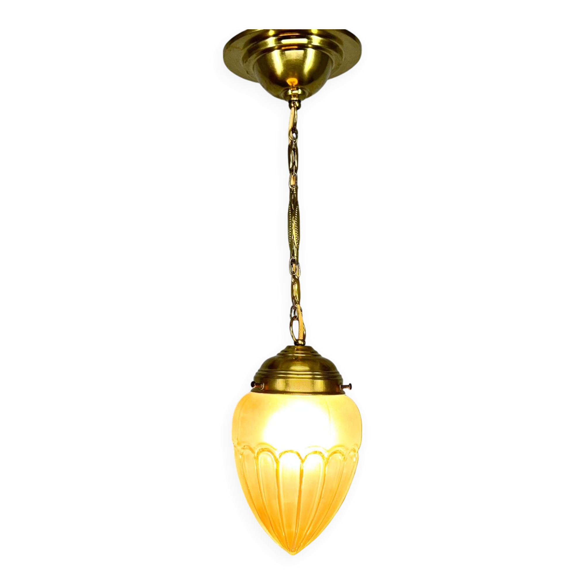 Art Deco Brass & Glass Pendant Light, Germany 1930s, Restored