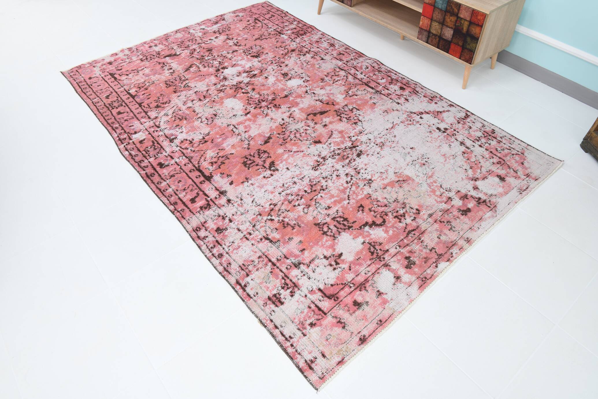 pink overdye turkish vintage carpet  , pink vintage distressed vintage rug.