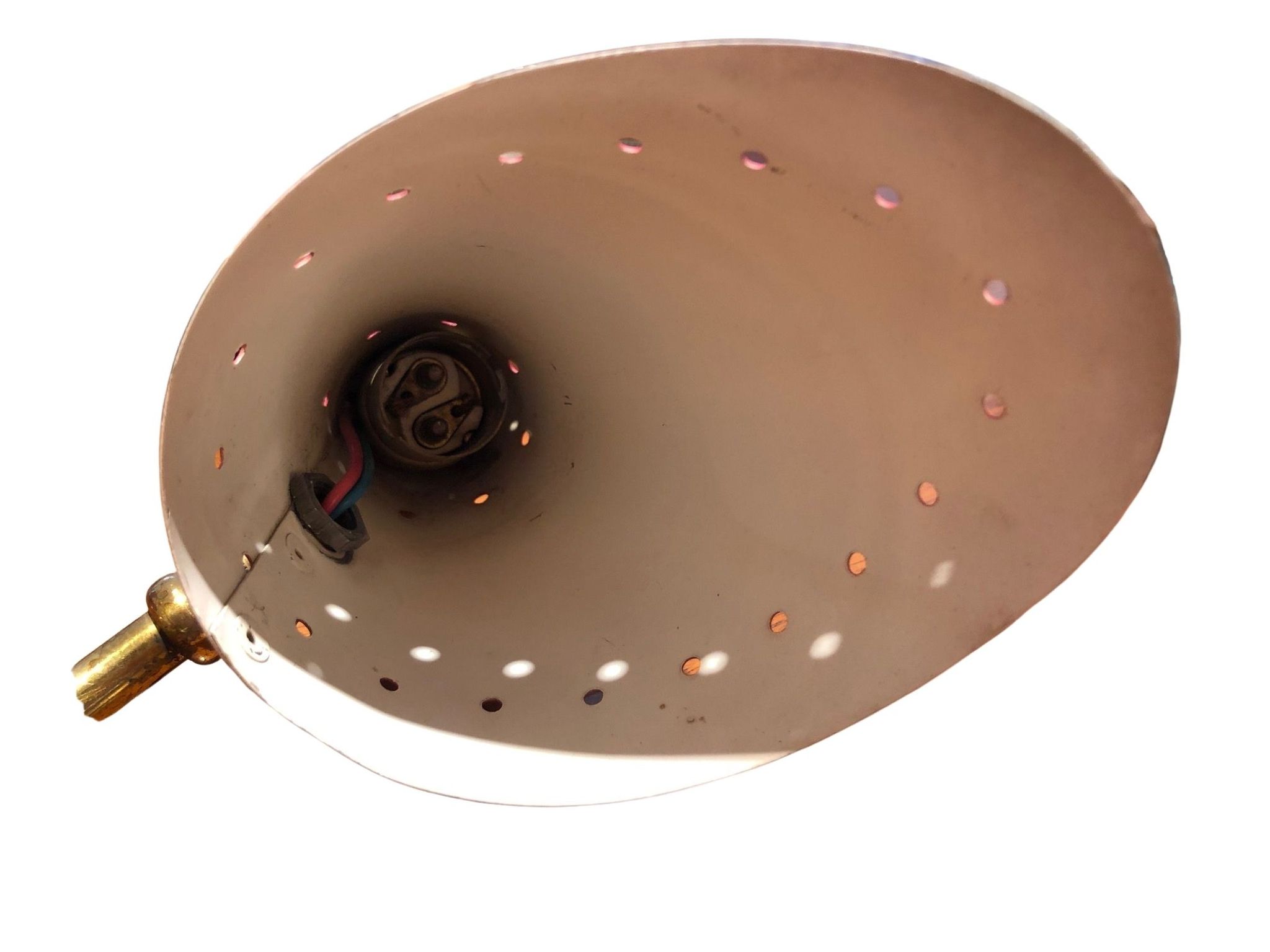 Pair of brass wall lights, red diabolo metal lampshades, circa 1950