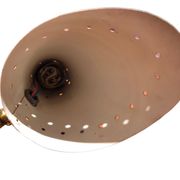 Pair of brass wall lights, red diabolo metal lampshades, circa 1950