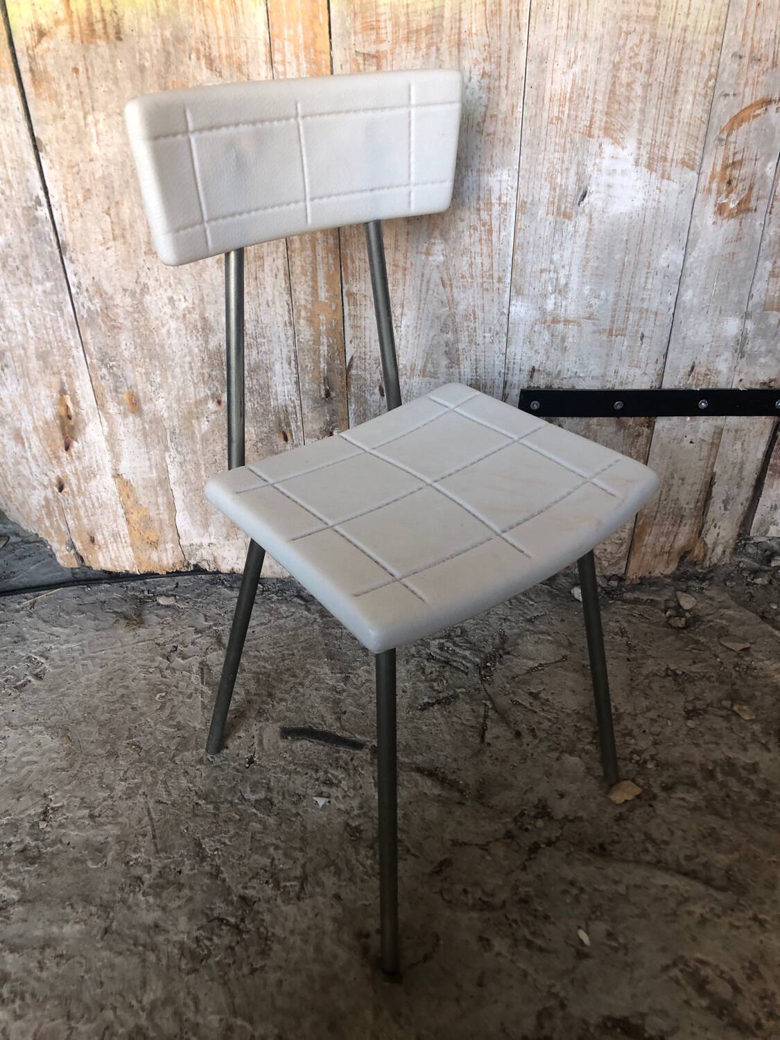 Gray metal children's chair + vintage white plastic seat & back