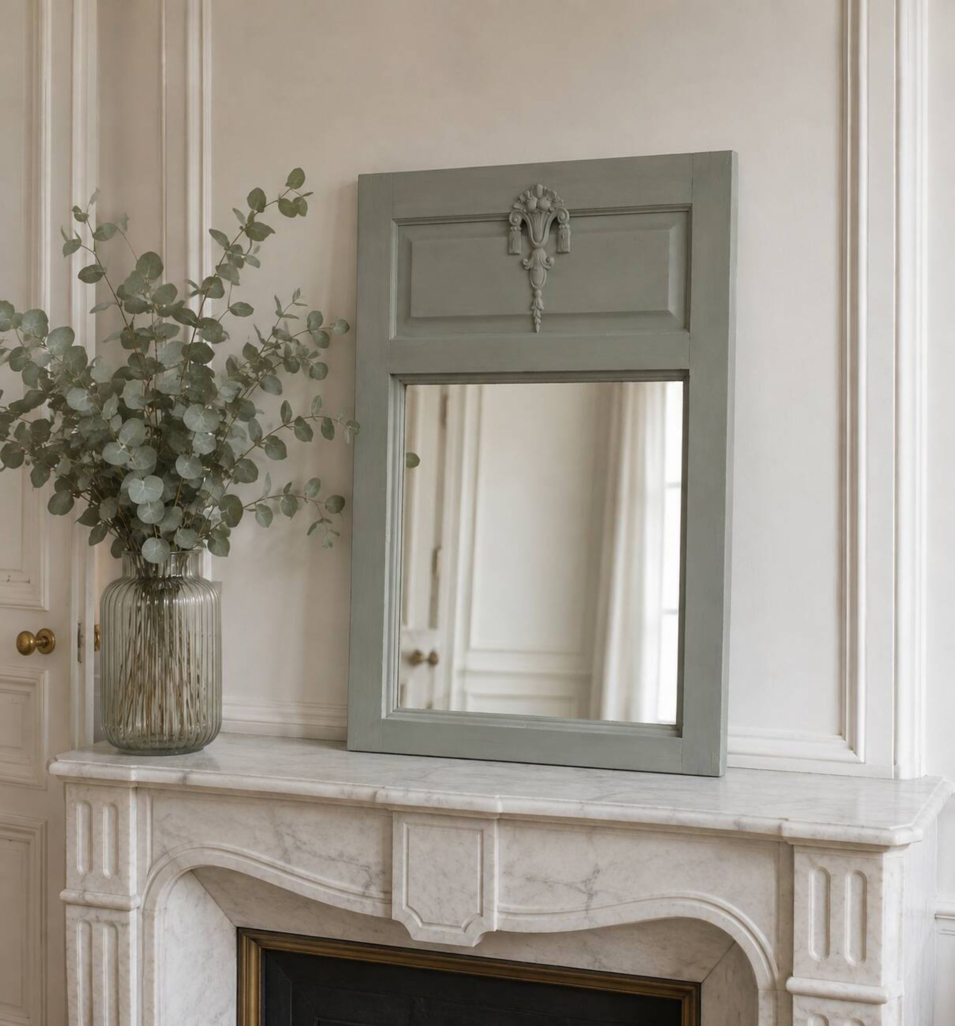 Antique mirror, painted trumeau in grey-green.