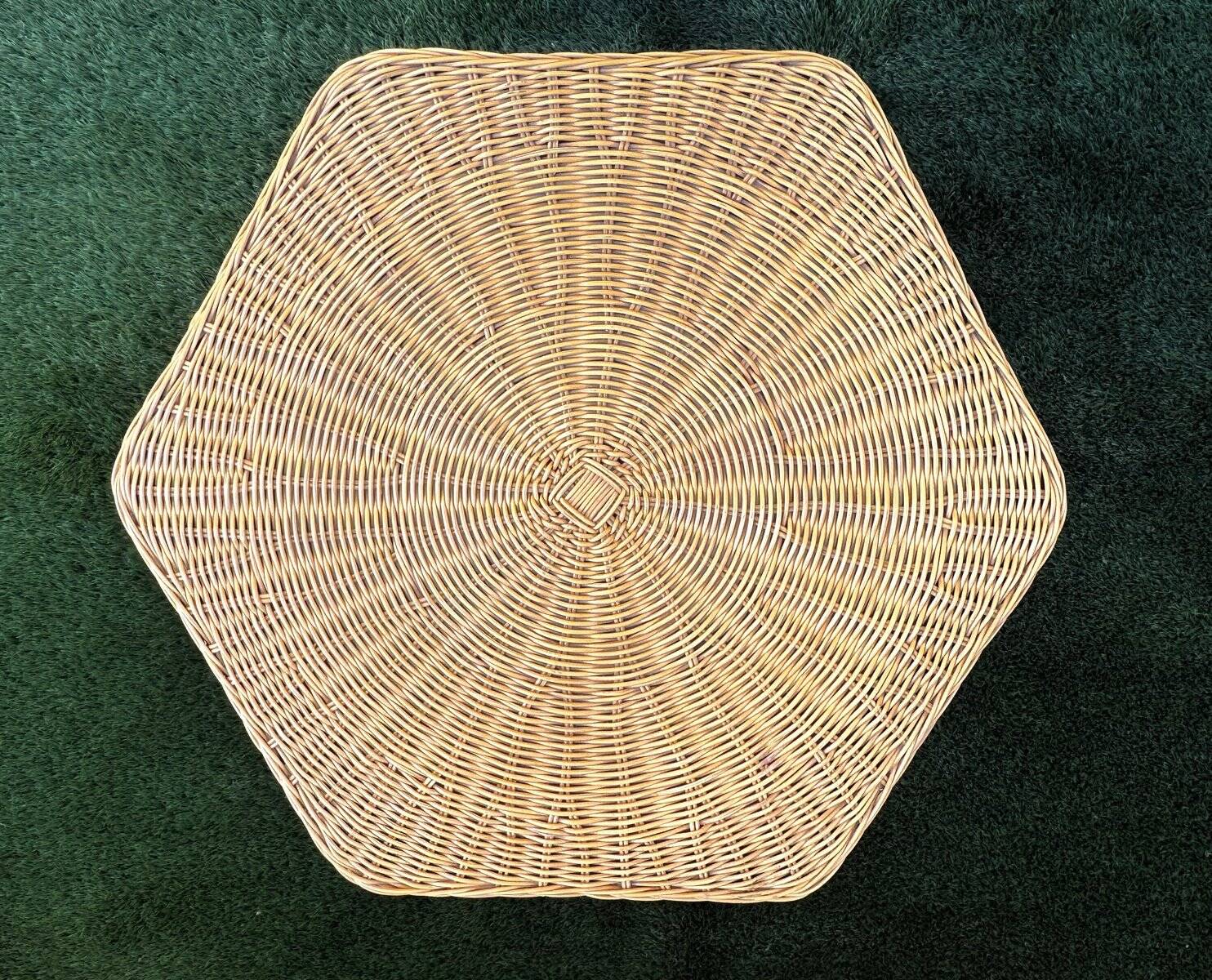 Vintage hexagonal rattan side table with original label, 1980.