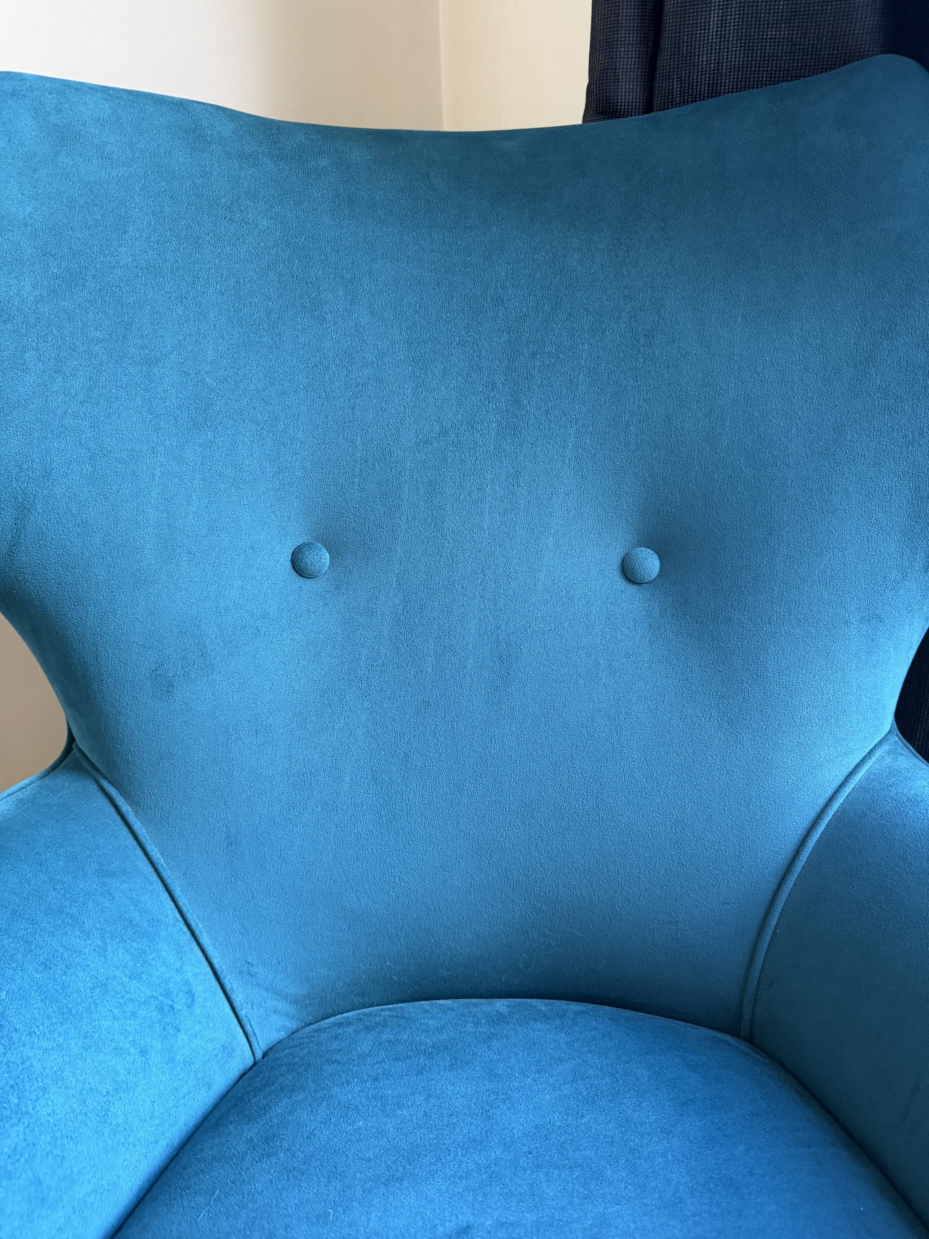 Pair of vintage Italian armchairs, 1950s-1960s, peacock blue velvet.