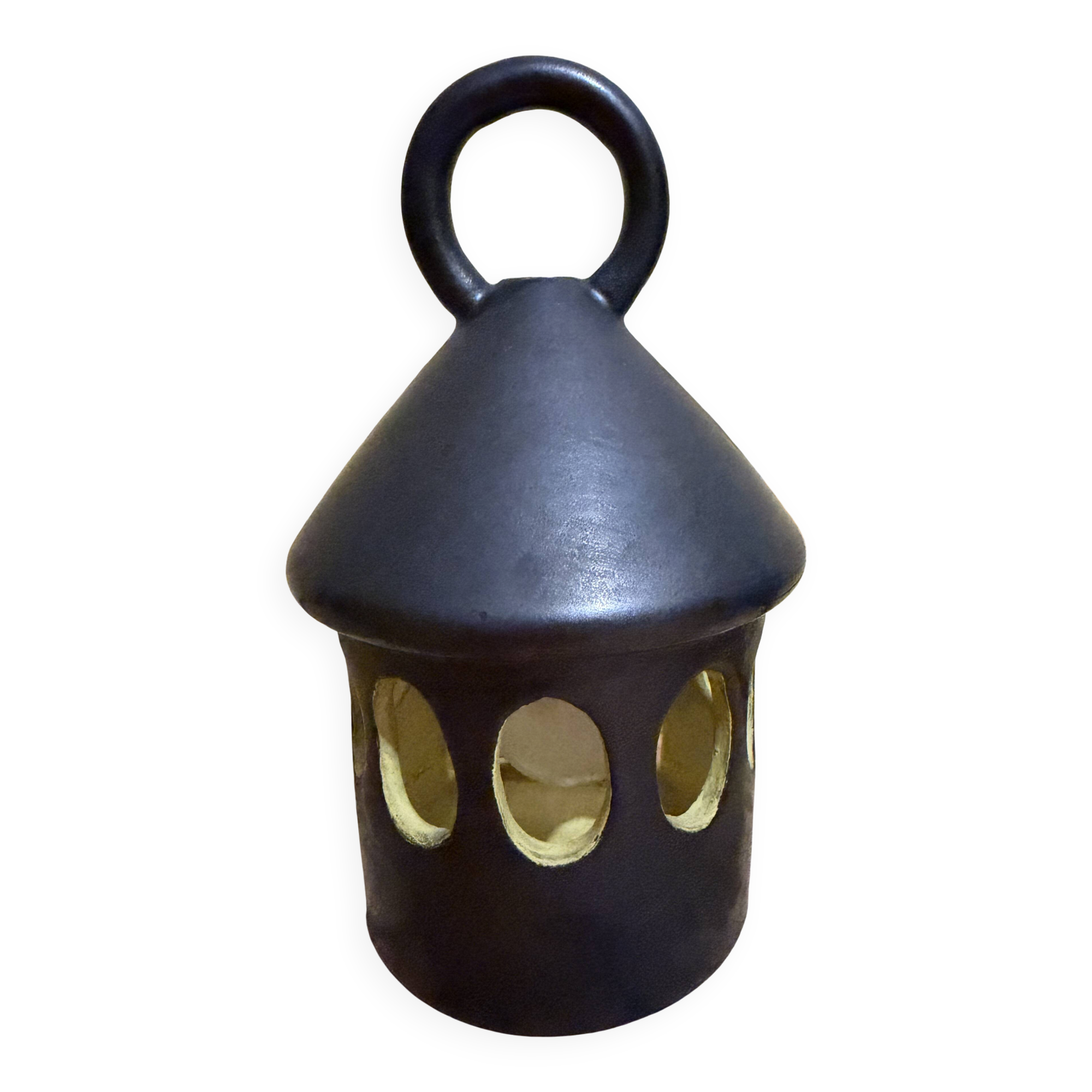 Black and yellow ceramic lantern hut signed by Claude Tabet d'Art.