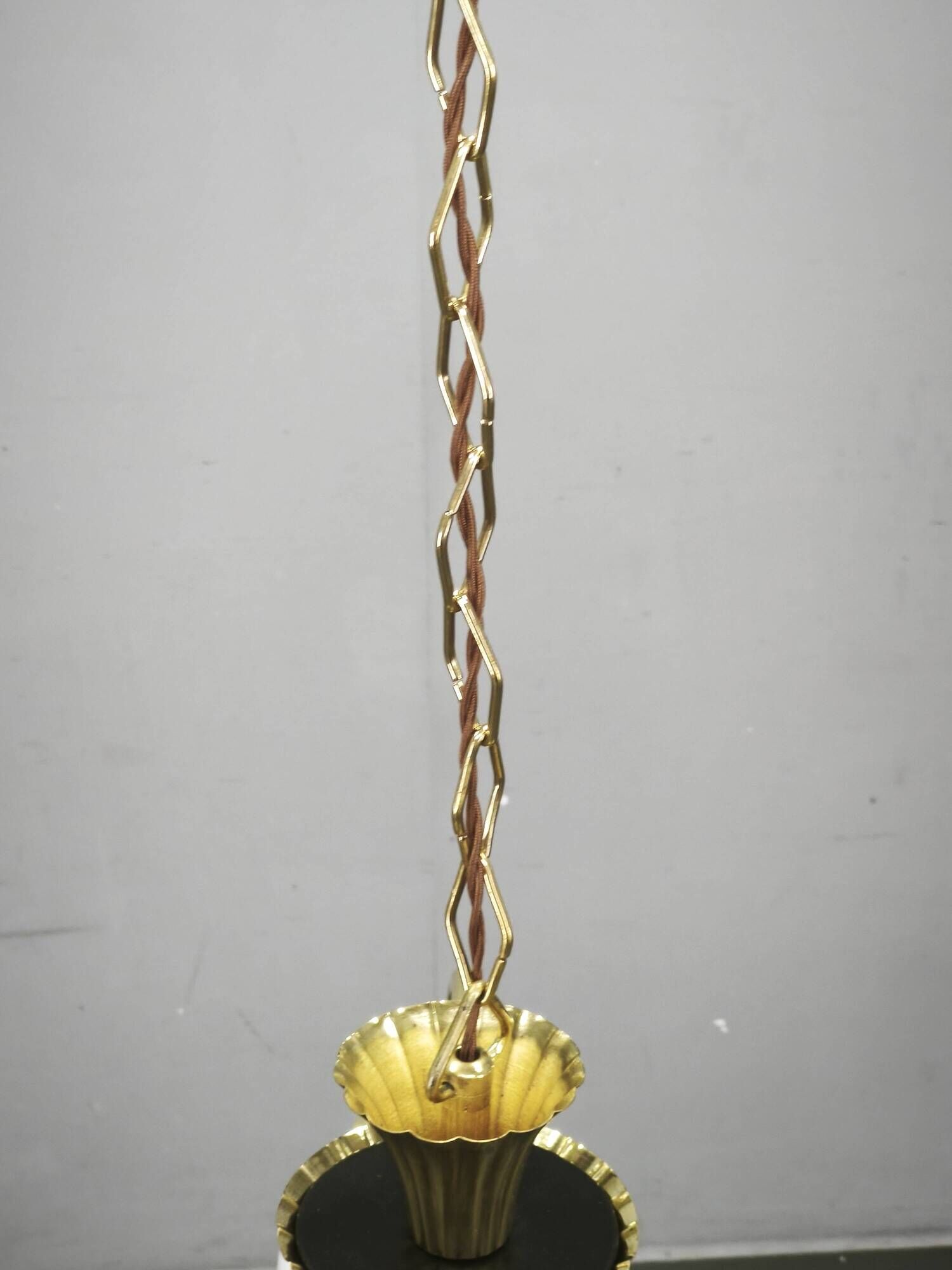 1930s Czechoslovak Art Deco Brass and Opaline Glass Chandelier