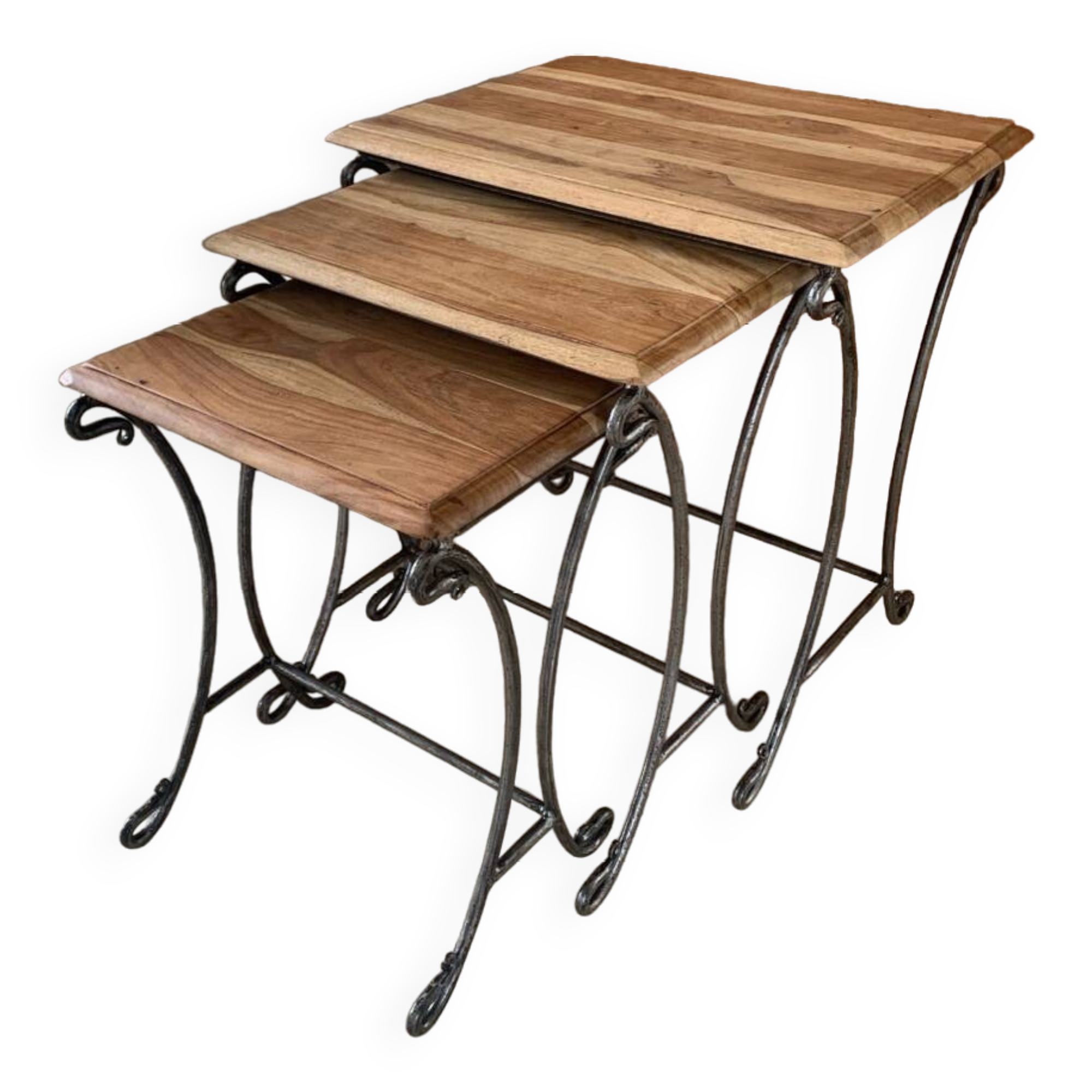 Set of 3 wooden/wrought iron nesting tables