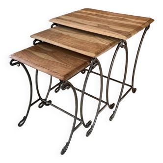Set of 3 wooden/wrought iron nesting tables
