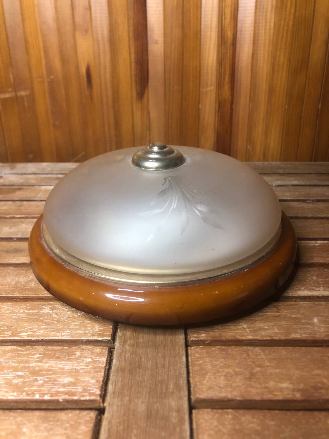 Old engraved glass ceiling light + vintage brown metal contour