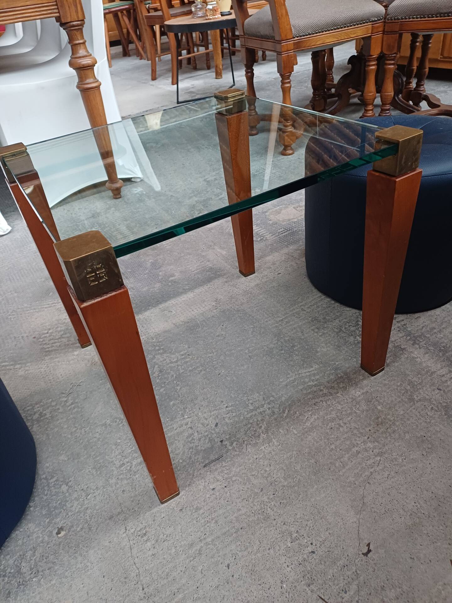 Modernist Design Side Table + 2 Blue Leather Poufs