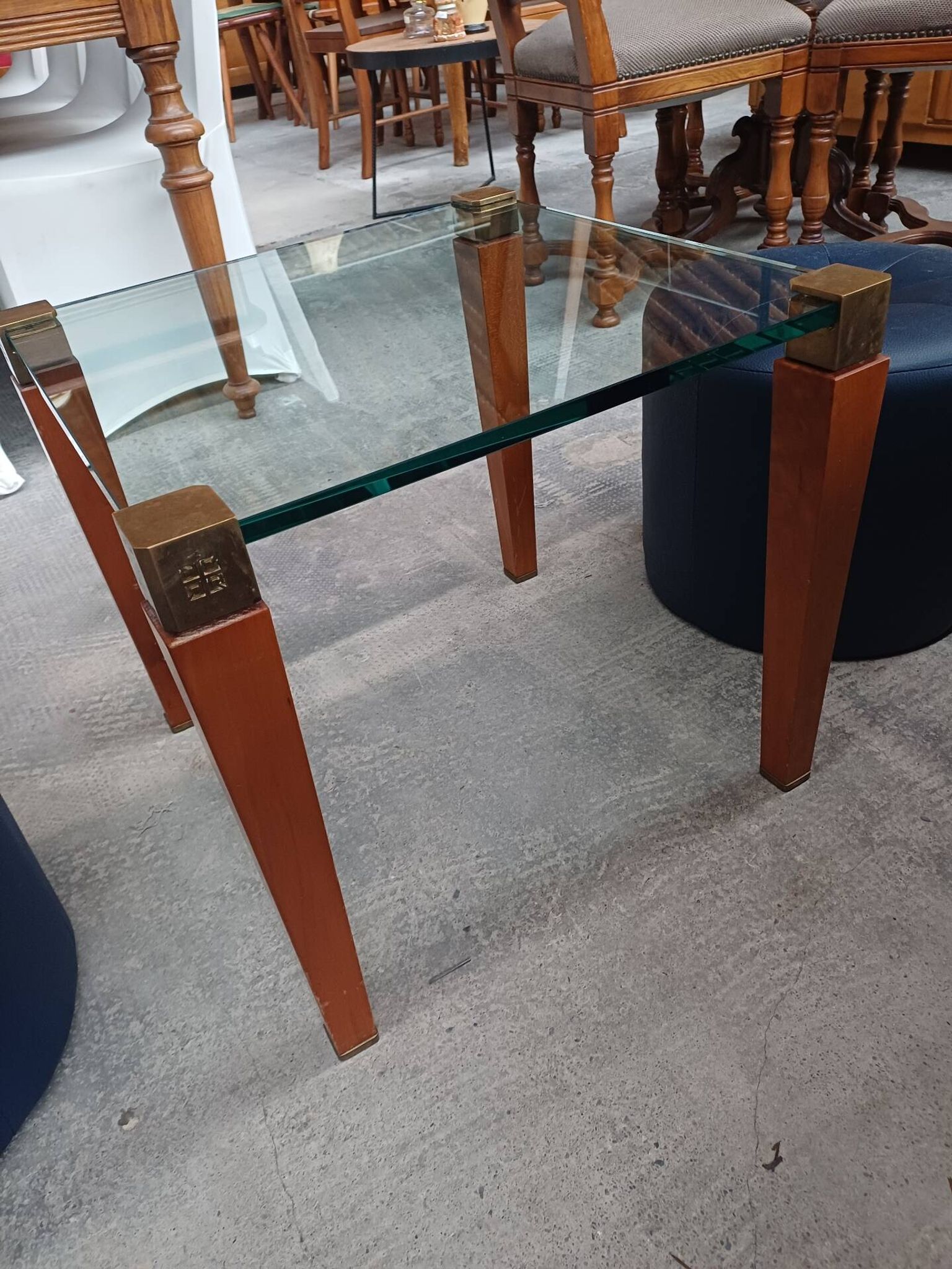 Modernist Design Side Table + 2 Blue Leather Poufs