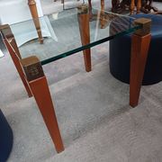 Modernist Design Side Table + 2 Blue Leather Poufs