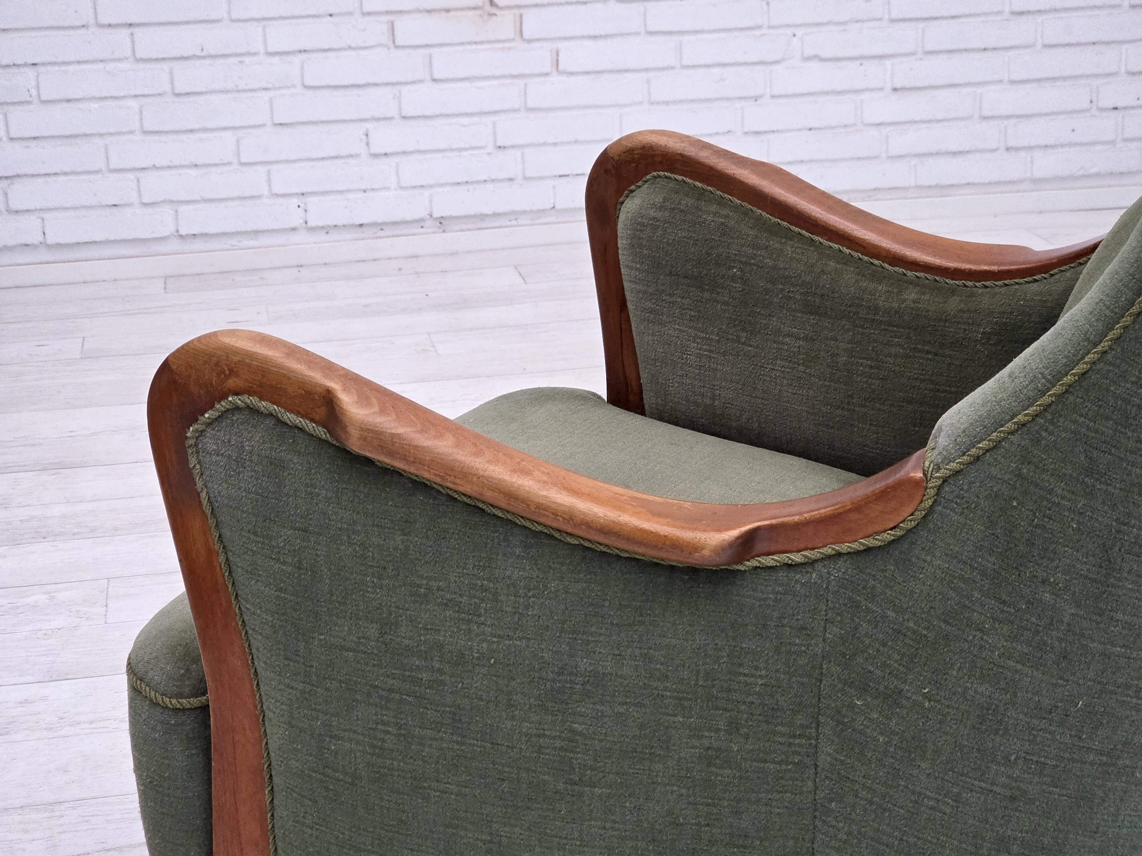 1960s, Danish highback armchair, green furniture velour, teak wood.