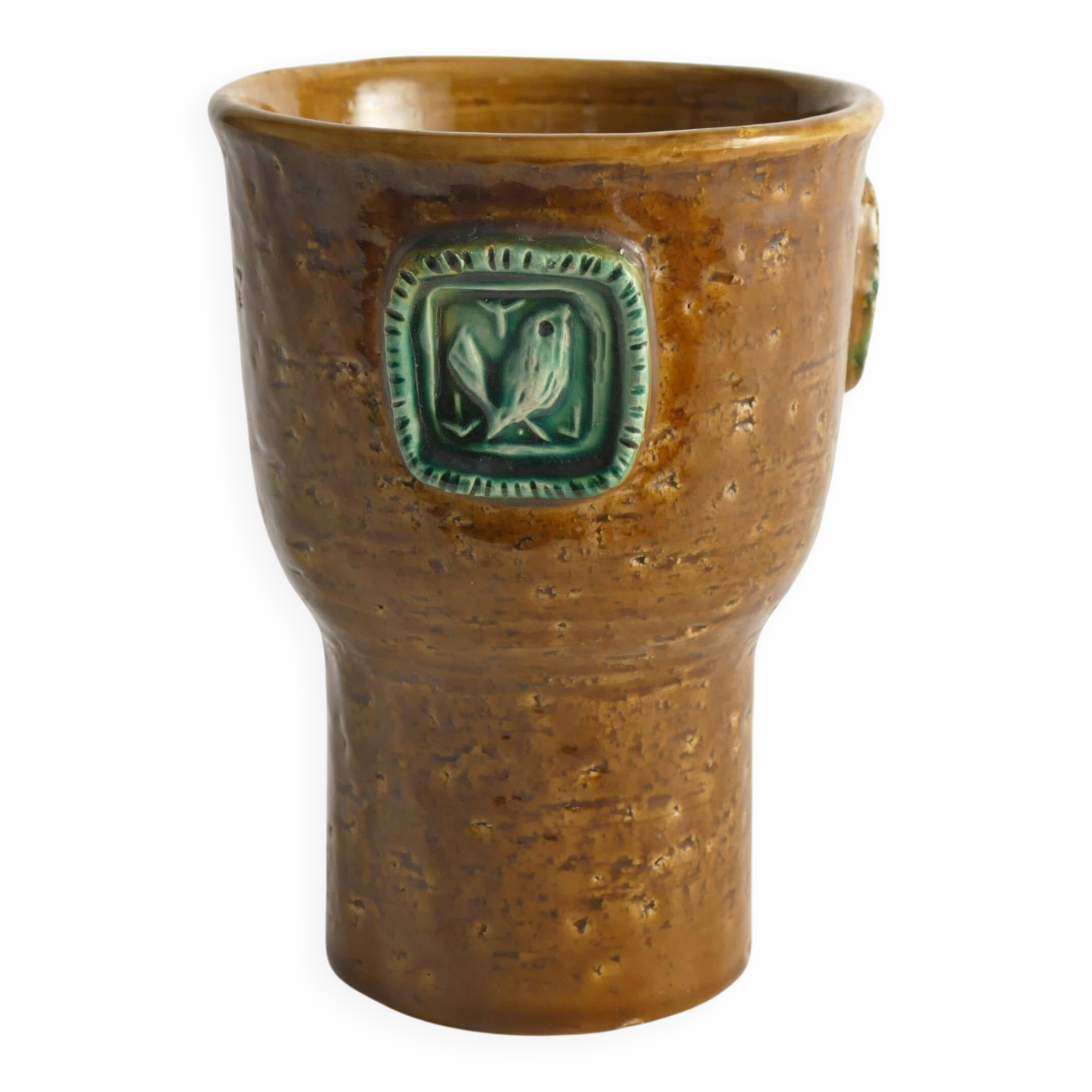 Mustard Brown Stoneware Vase with Celadon Green Birds by Aldo Londi for Bitossi