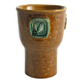 Mustard Brown Stoneware Vase with Celadon Green Birds by Aldo Londi for Bitossi