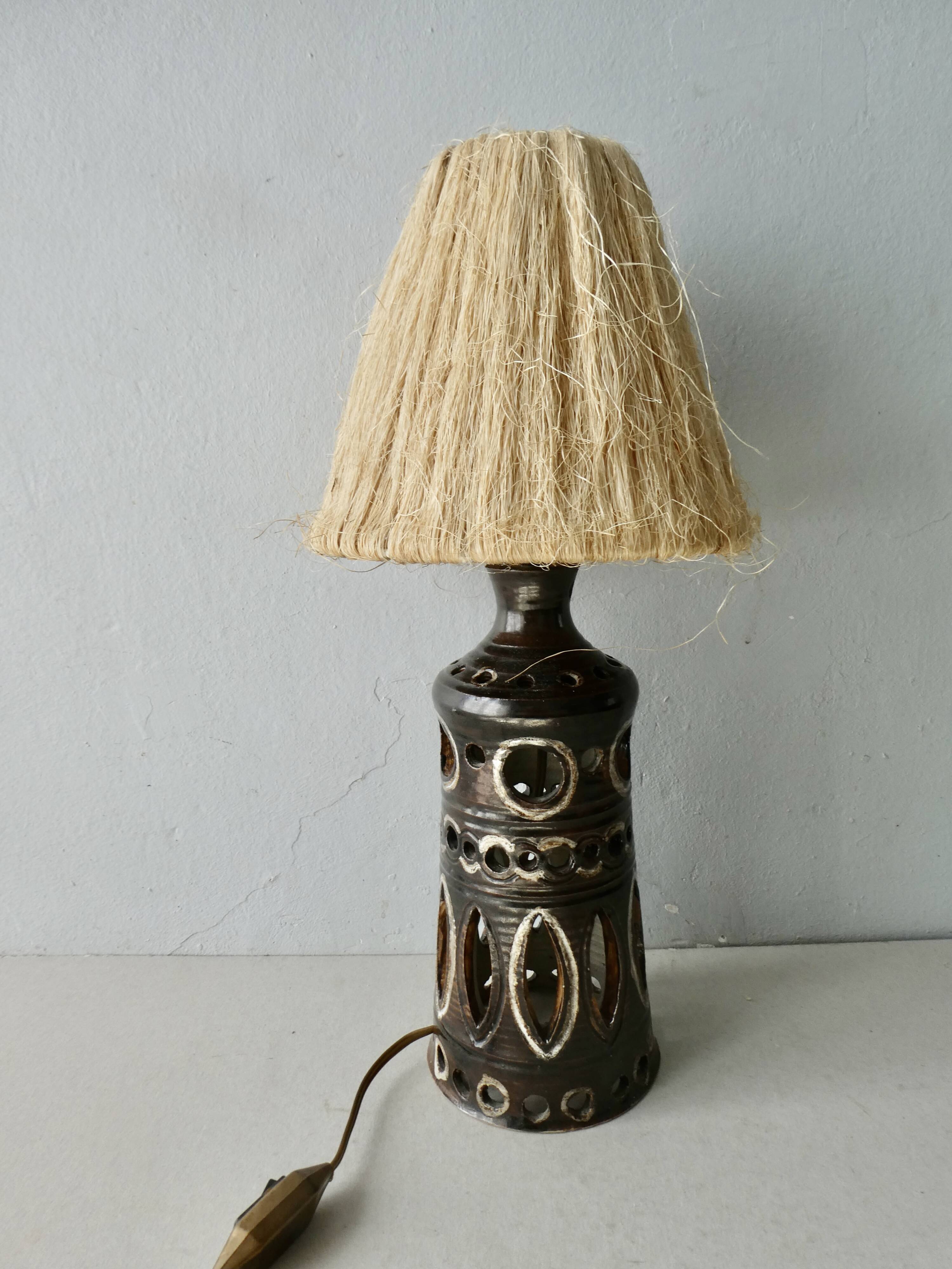 Openwork ceramic lamp and rope lampshade, 1960s