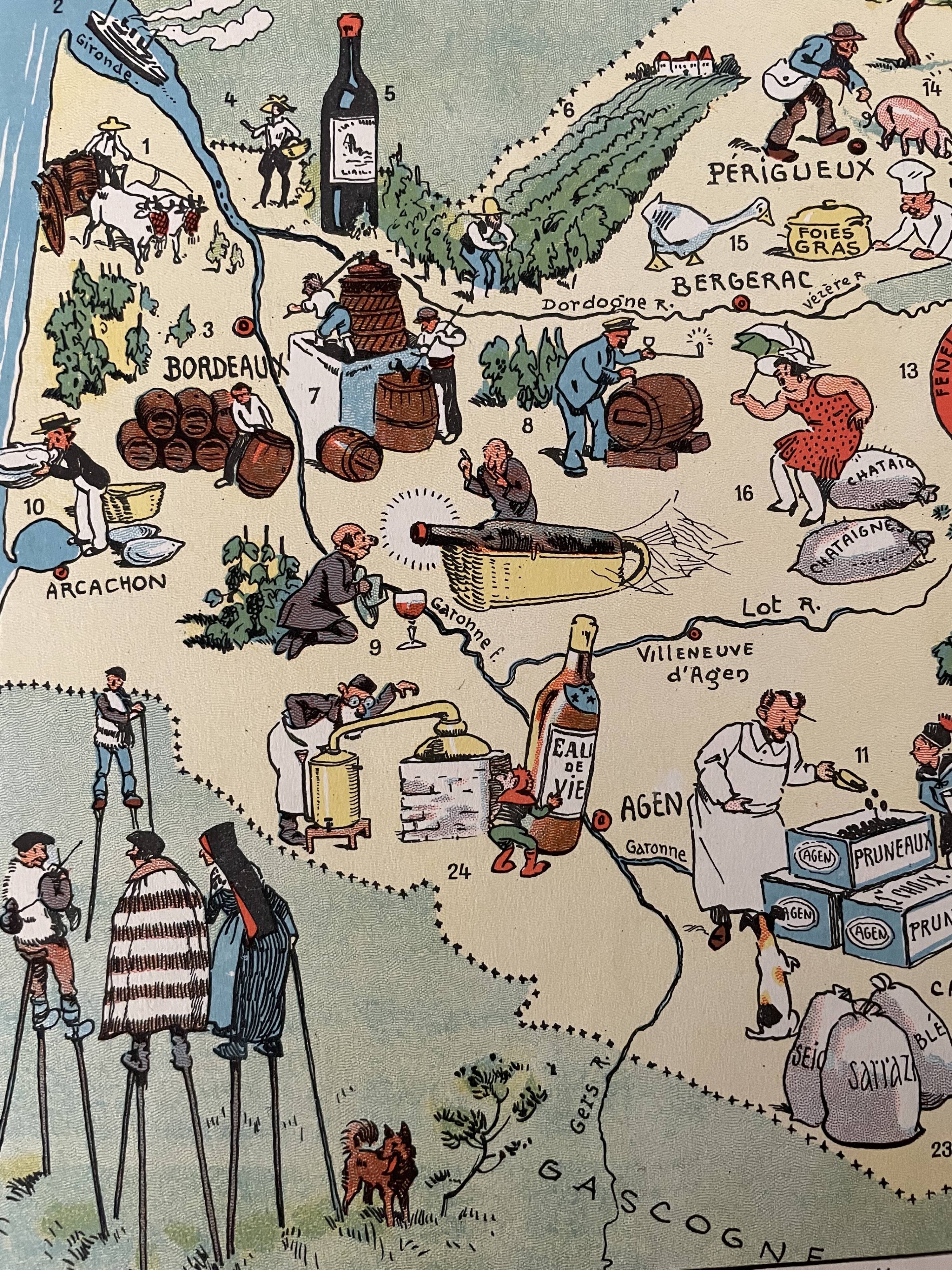 Affiche ancienne carte illustrée de la guyenne gironde dordogne lot aveyron 1929 - jp pinchon