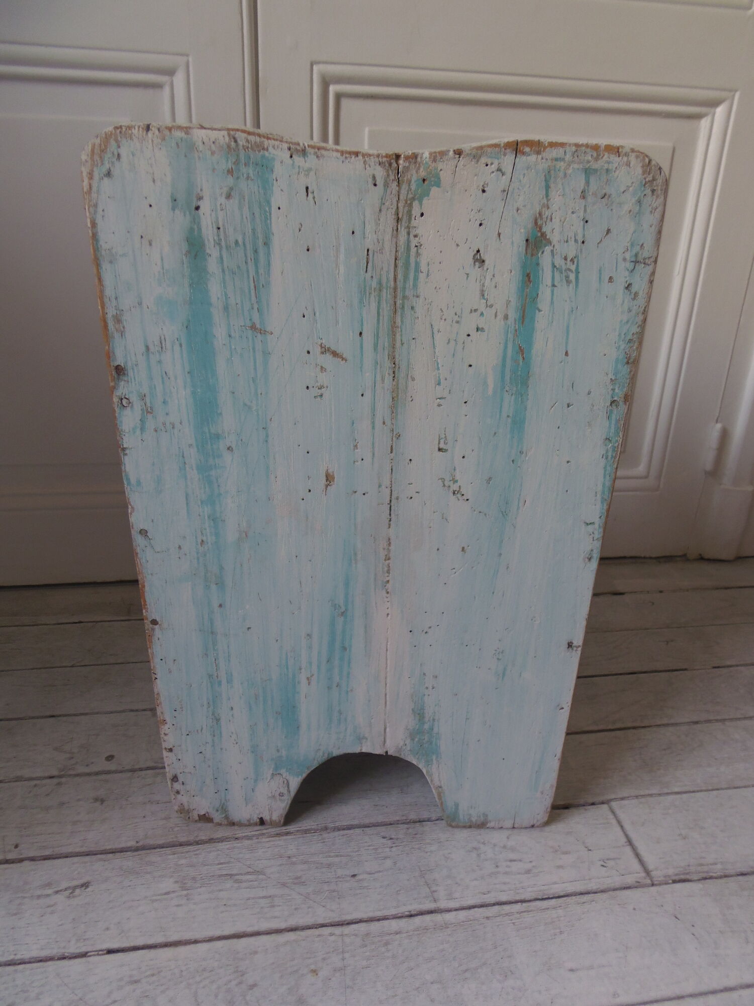 Vintage children's armchair in wood in its blue pearl grey juice, waxed finish