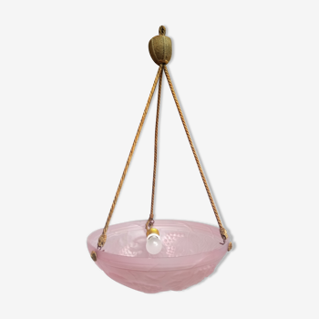 Art deco ceiling lamp in pink pressed molded glass - working condition - "the grapes"