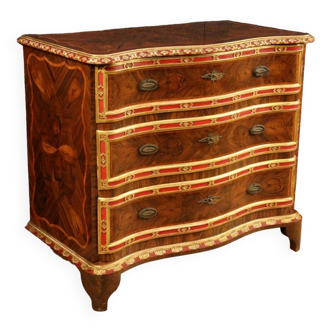 Majestueuse commode galbée style Régence en marqueterie de bois de rose et palissandre