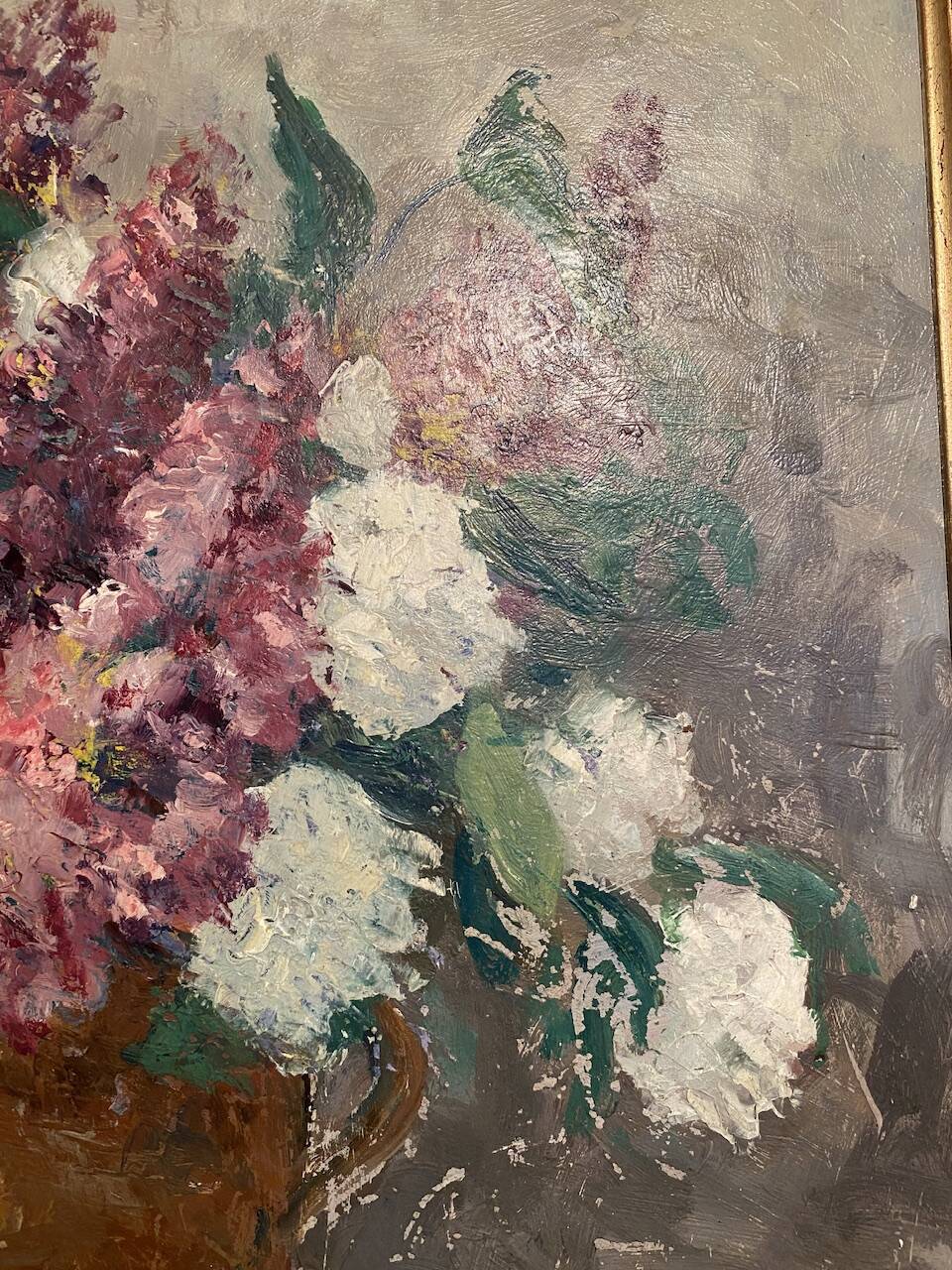 Antique painting, still life with lilacs and peonies signed Van der Berg circa 1950